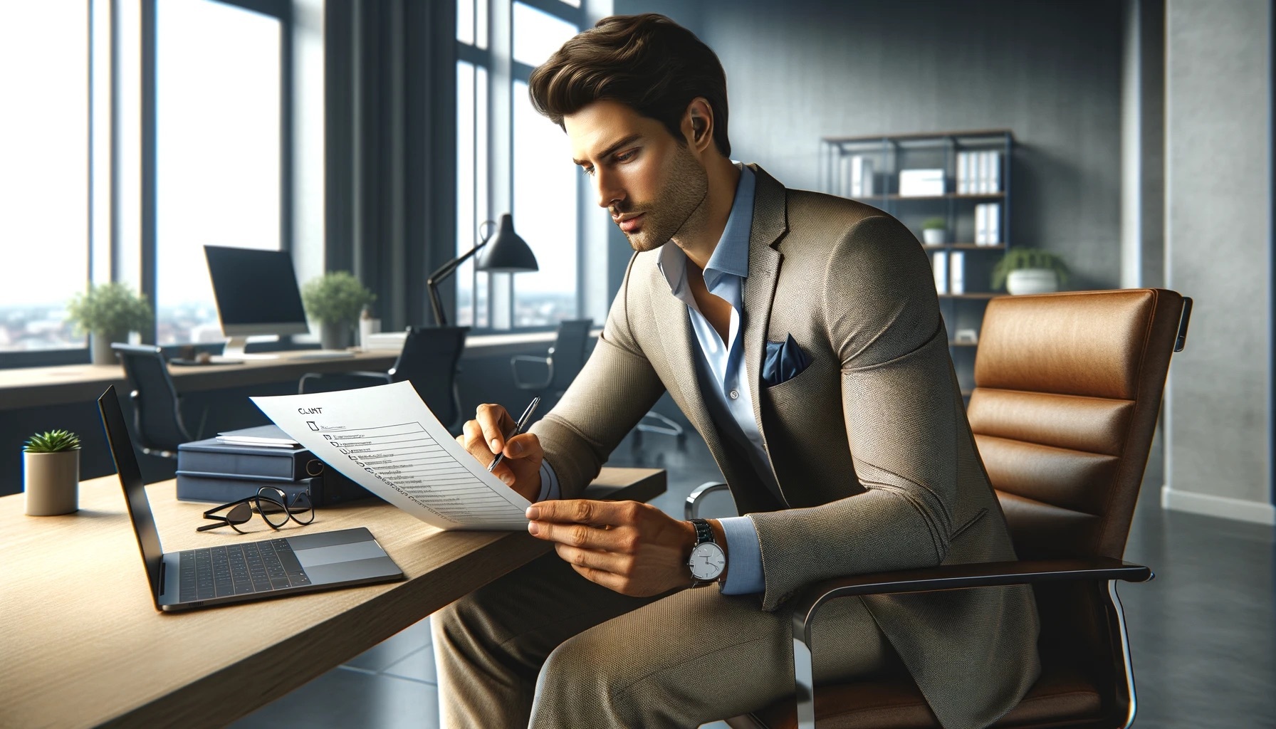 Business man sitting at his desk reviewing tasks on a piece of paper